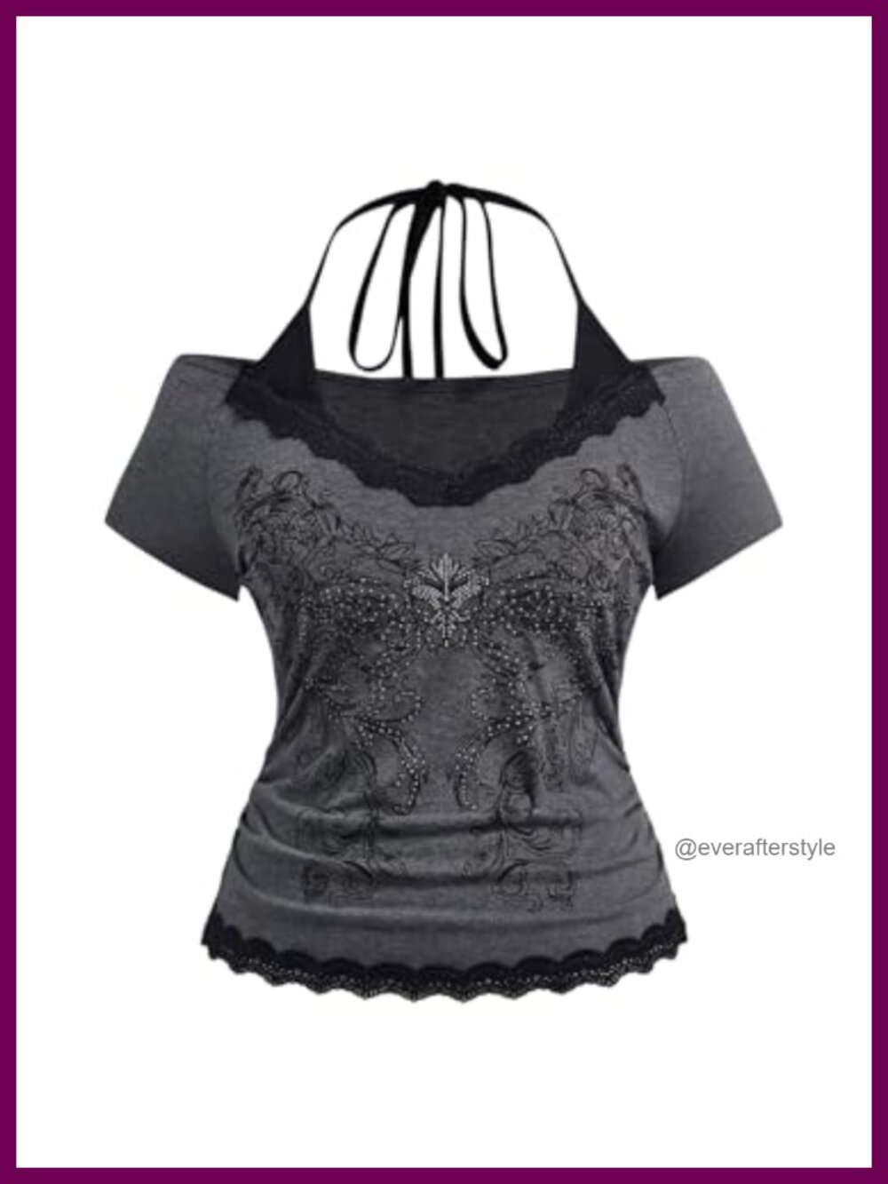 Y2k Contrast Lace Halter Graphic Tee Ruched Slim Fit Tie Back